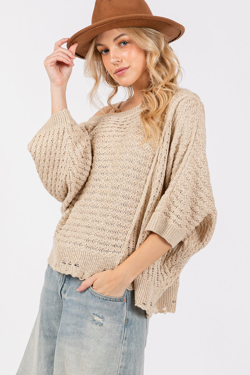 Hazel Blues® |  SAGE + FIG Distressed Asymmetrical Open Stitch Sweater