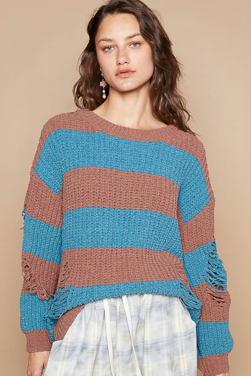 Hazel Blues® |  POL Striped Distressed Long Sleeve Sweater