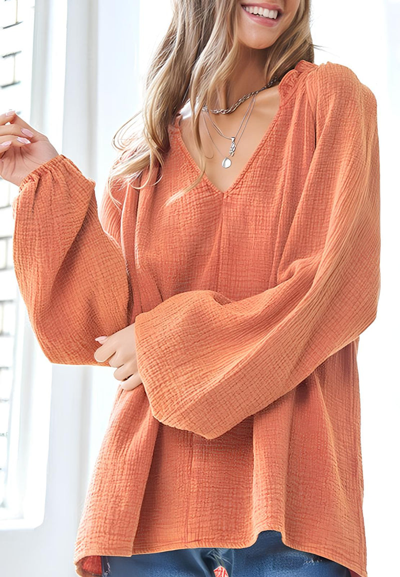 Frill V-Neck Balloon Sleeve Blouse