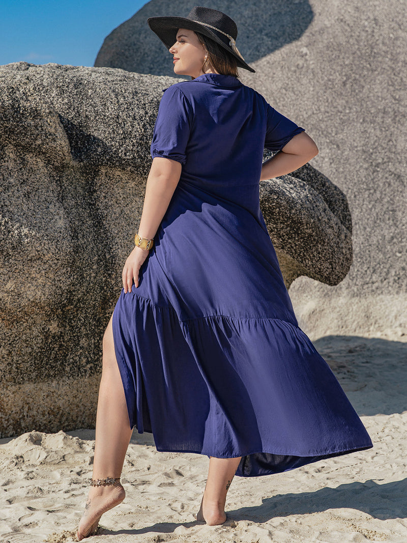 Hazel Blues® | Collared Neck Short Sleeve Midi Dress