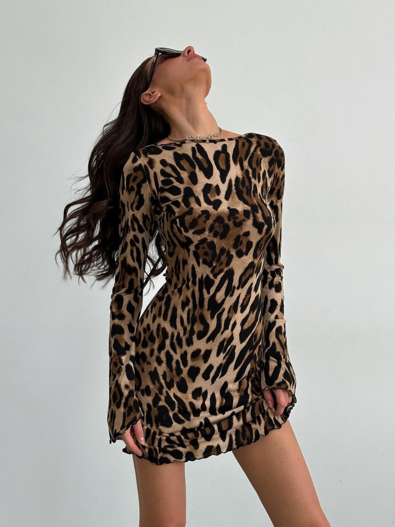 Hazel Blues | Leopard Backless Long Sleeve Mini Dress Hazel Blues | Leopard Backless Long Sleeve Mini Dress