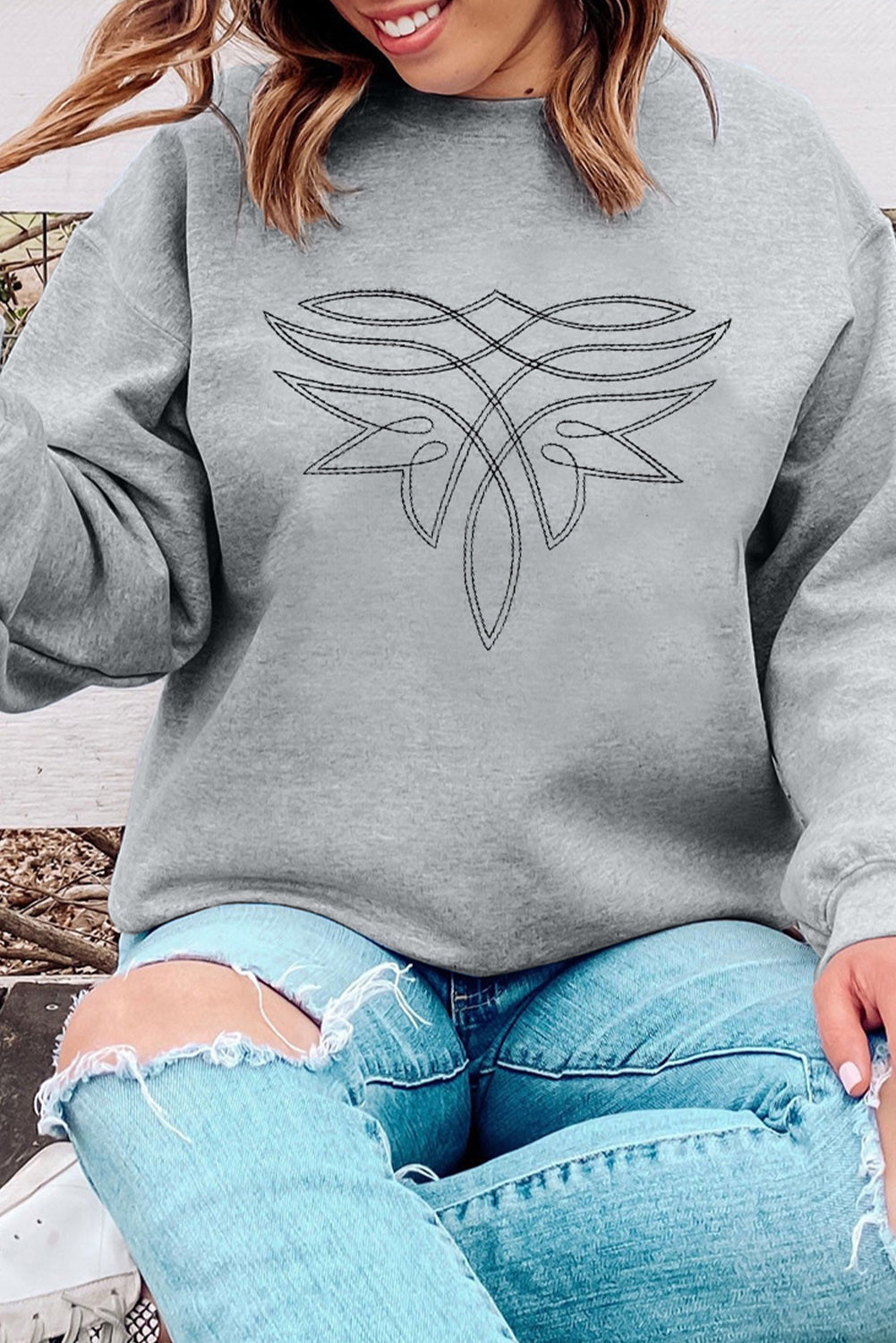 Hazel Blues® |  Gray Western Pattern Embroidered Drop Shoulder Pullover Top