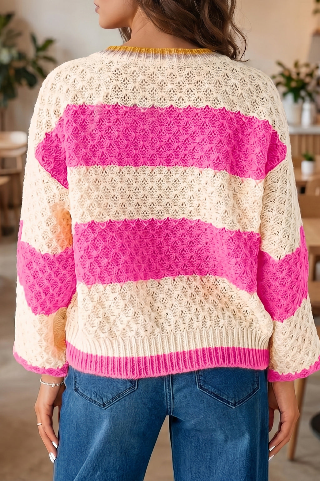Pink Stripe Striped Color-Block Texture Drop-Shoulder Sweater