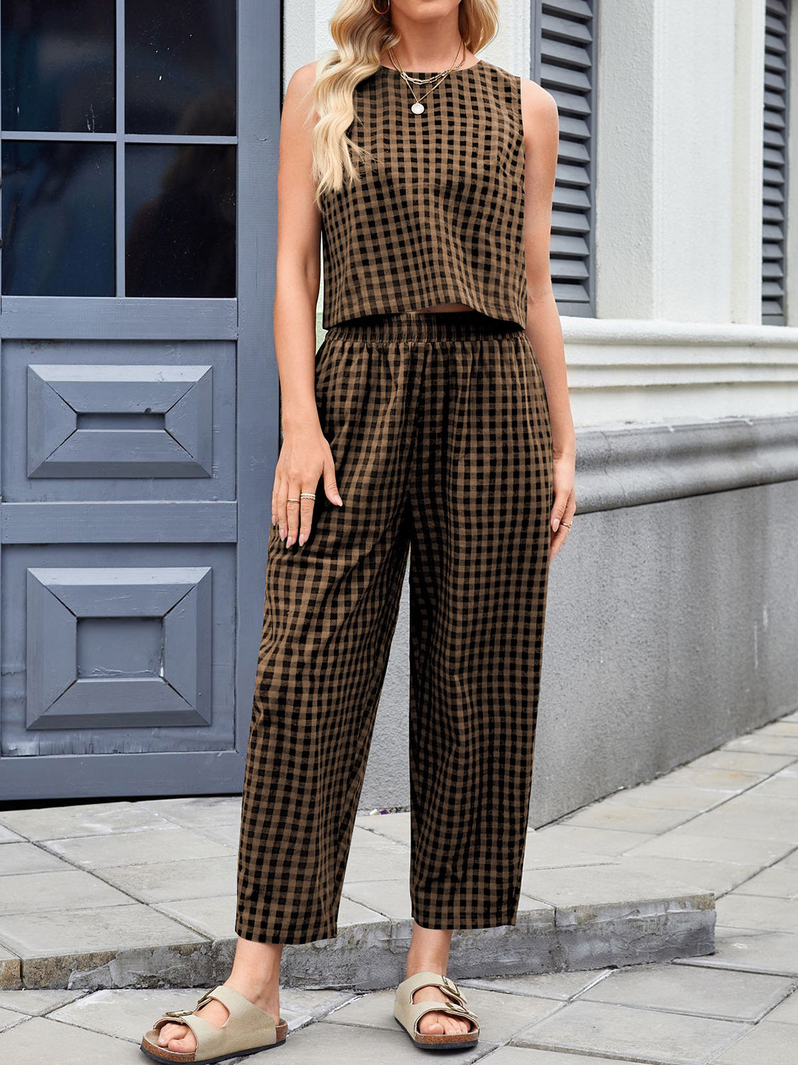 Hazel Blues® |  Lovelet Plaid Round Neck Sleeveless Top and Pants Set