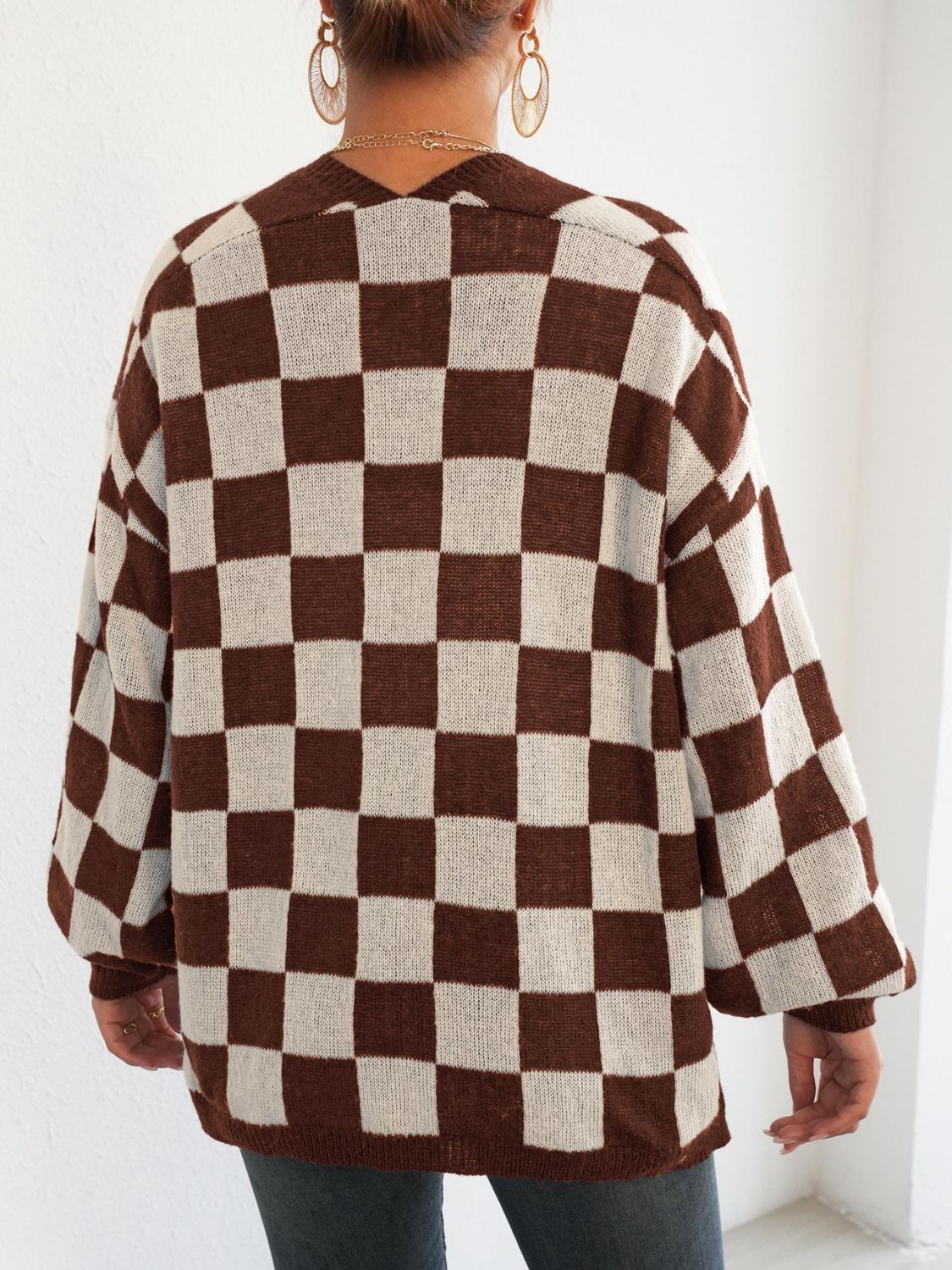 Hazel Blues® |  Checkered Open Front Long Sleeve Cardigan