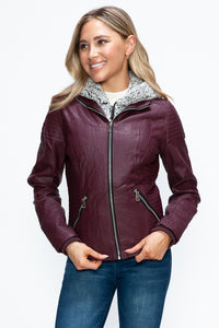 Hazel Blues® |  YMI Faux Layered Double-Zipper Jacket with Fuzzy Hood