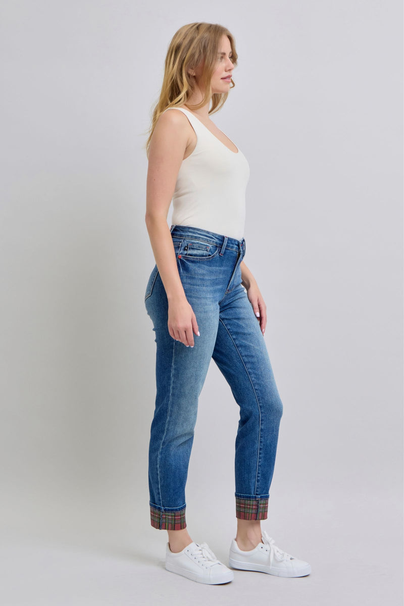 Hazel Blues® |  Judy Blue Plaid Print Cuff Straight Leg Jeans with Pockets