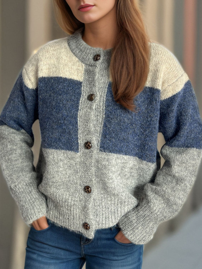 Hazel Blues® |  Color Block Round Neck Button Up Cardigan