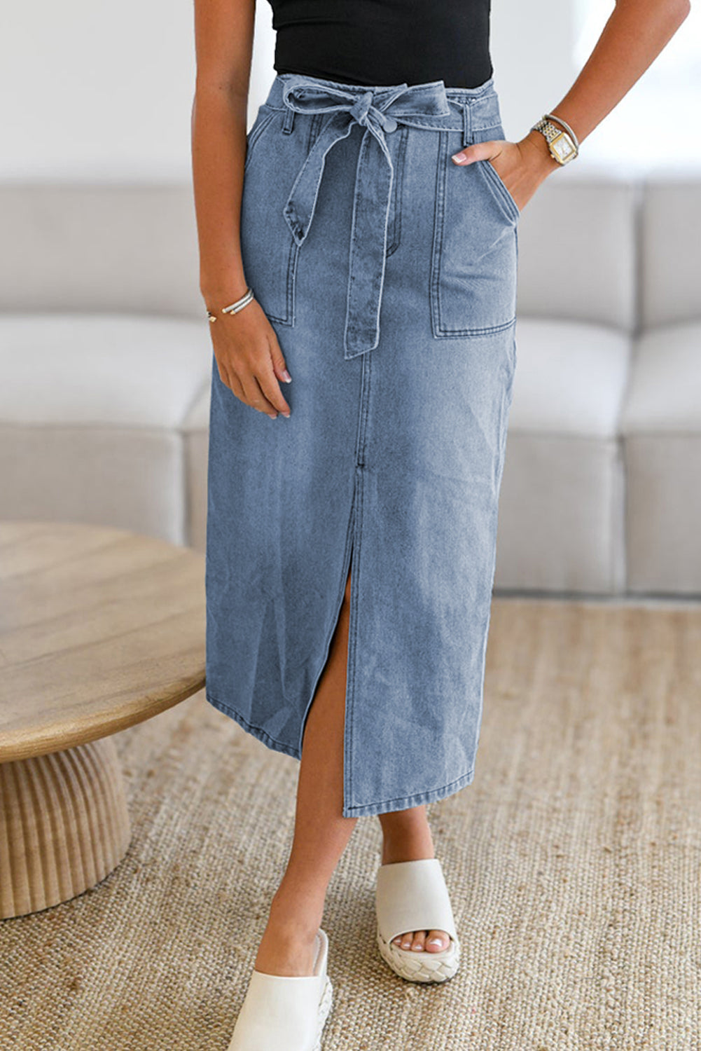 Hazel Blues® |  Tied Slit Denim Skirt