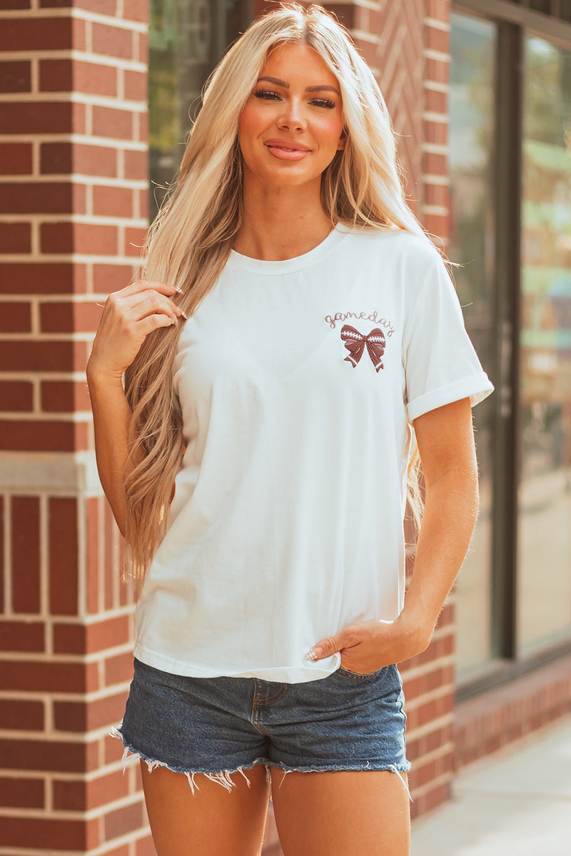 Hazel Blues® |  White Game Day Bowknot Embroidered Graphic Casual Tee