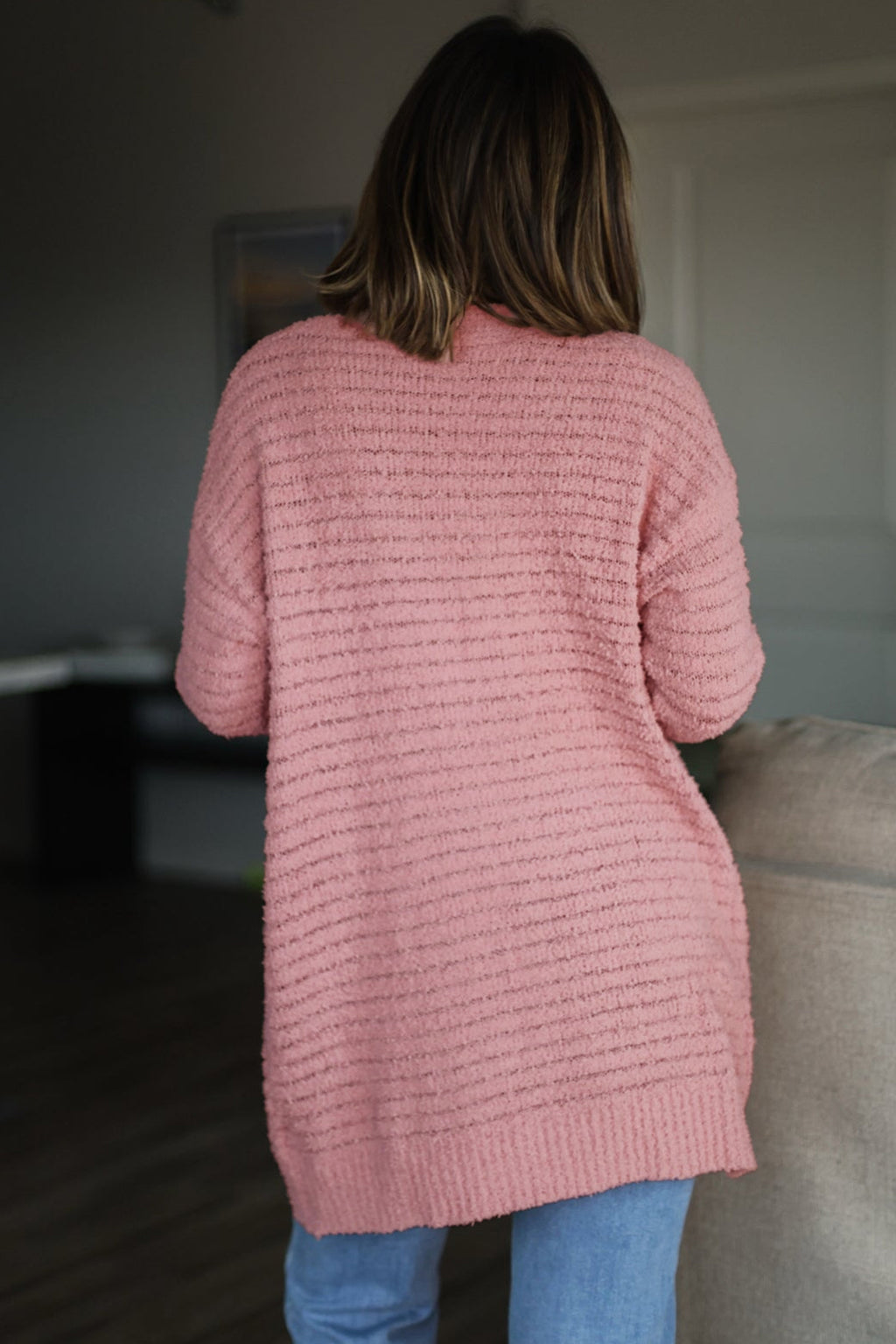 Light Pink Open-Front Soft Fuzzy Ribbed Sweater Cardigan