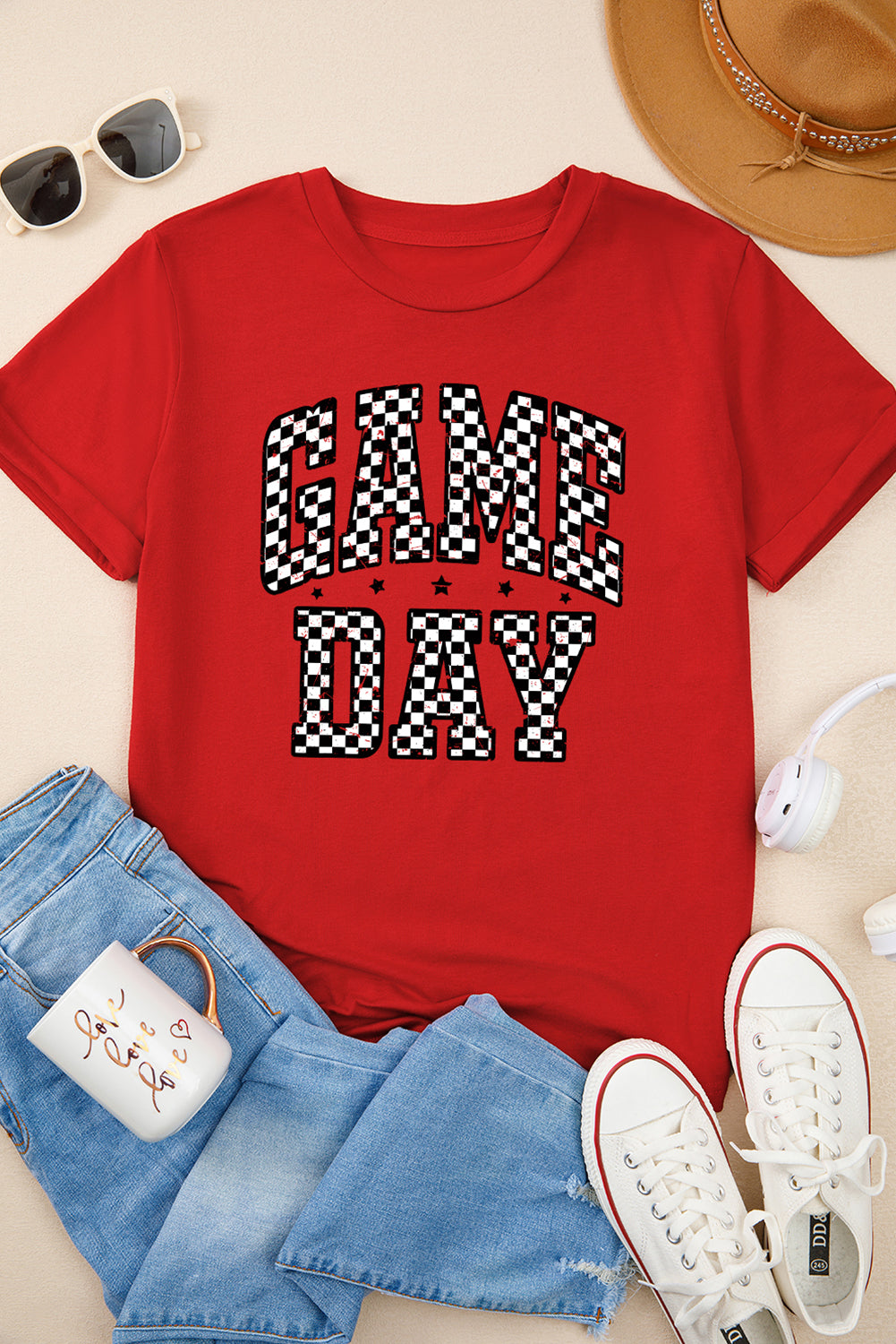 Hazel Blues® |  Red Checkered Game Day Graphic T Shirt
