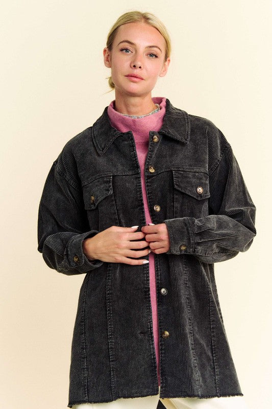 Hazel Blues® |  Davi & Dani Washed Corduroy Raw Hem Button Up Jacket