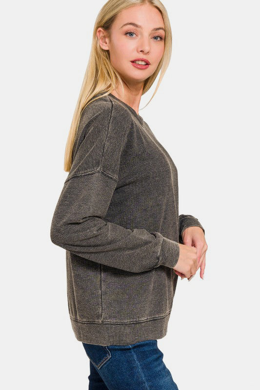 Hazel Blues® |  Zenana Washed Round Neck Dropped Shoulder Sweatshirt