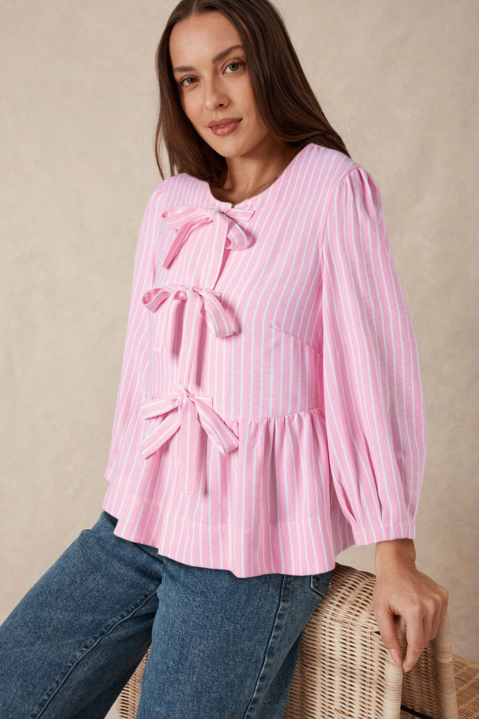 Hazel Blues® |  Tied Bow Striped Round Neck Blouse