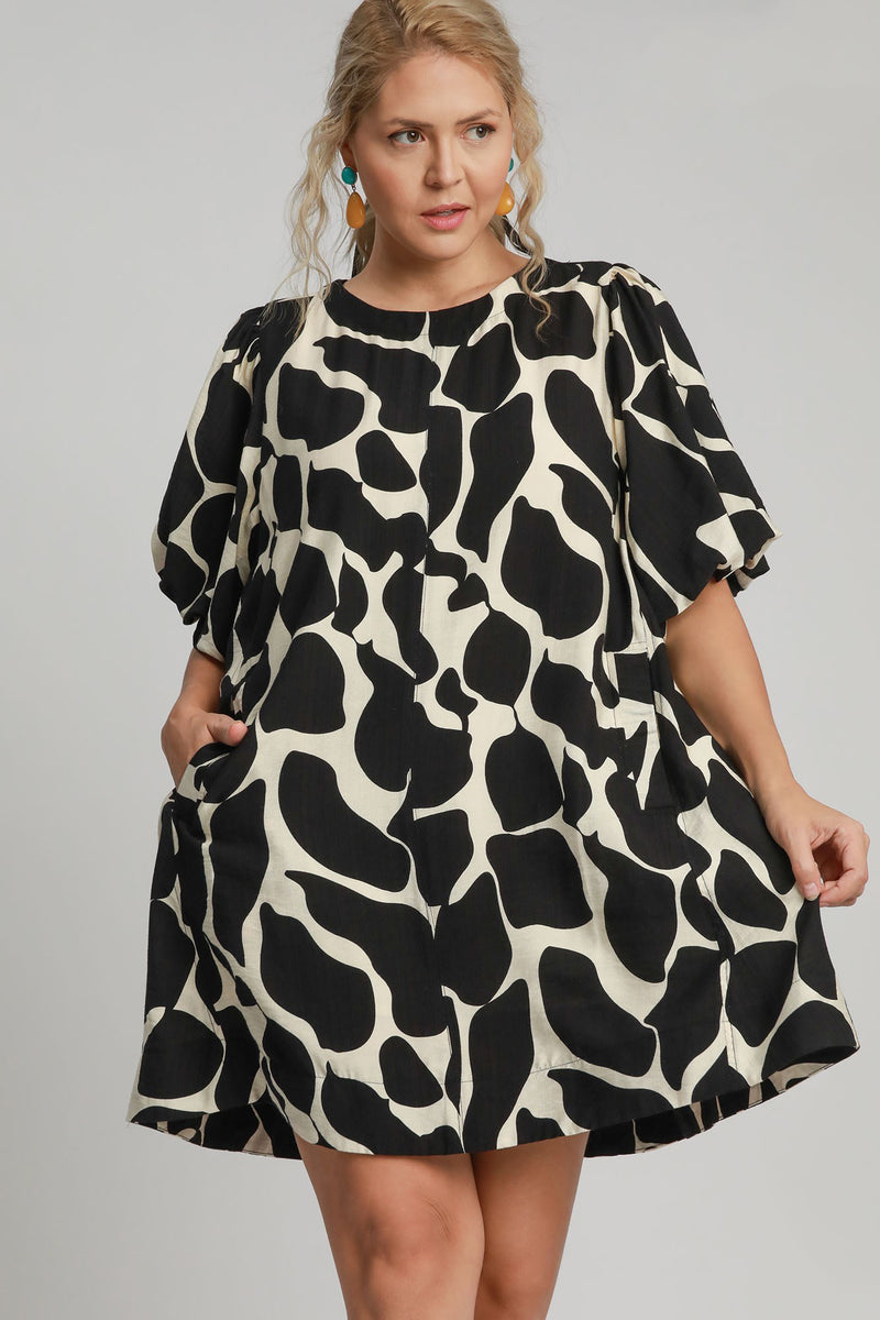 Hazel Blues® | Umgee Two Tone Abstract Print Puff Sleeve Dress