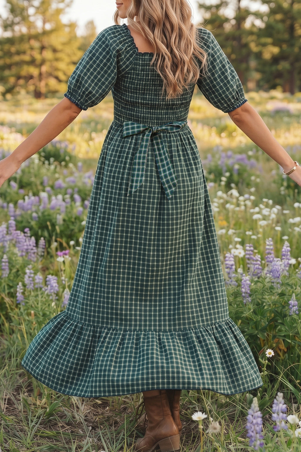 Plaid Square Neck Shirred High Waist Ruffle Hem Dress | Plaid Ruffle High Waist Dress