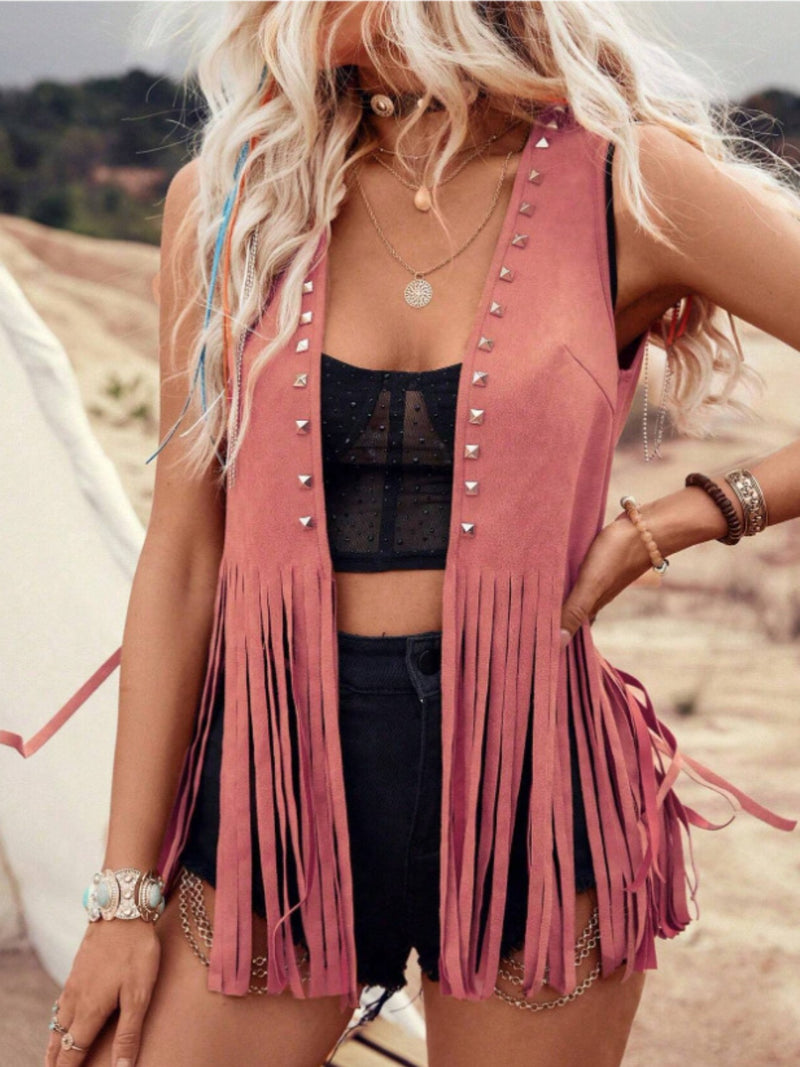 Hazel Blues® |  Fringe Studded Open Front Vest Coat