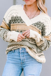 Hazel Blues® |  Geometric V-Neck Dropped Shoulder Sweater