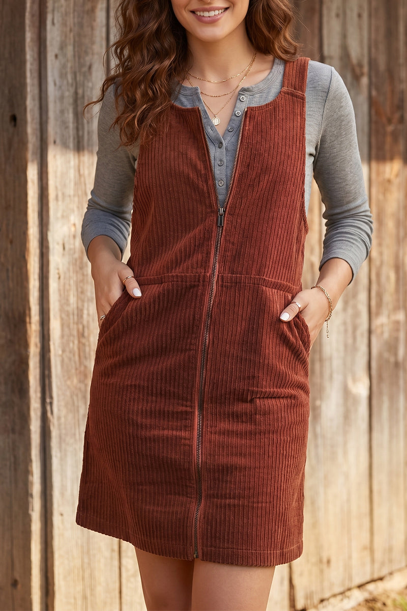 Clay Ribbed Corduroy Zip-Up Sleeveless Pocket Sheath Dress – Hazel Blues®