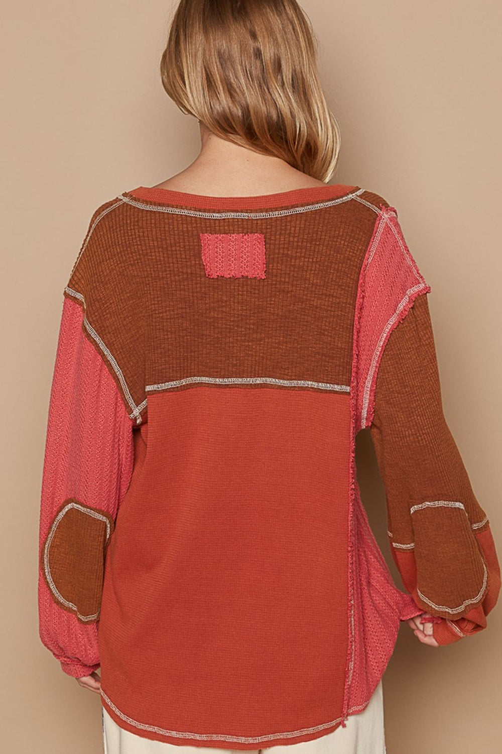 Hazel Blues® |  POL V-Neck Knit Panel Exposed Seam Top