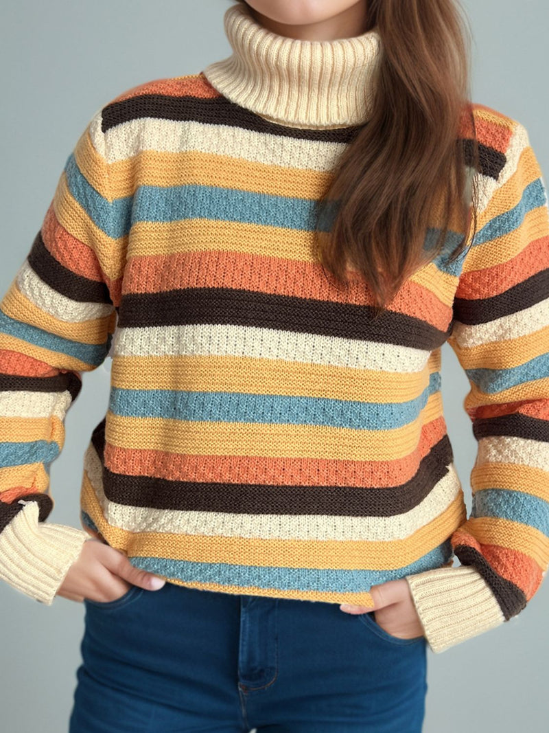 Hazel Blues® |  Contrast Stripes Turtleneck Long Sleeve Sweater