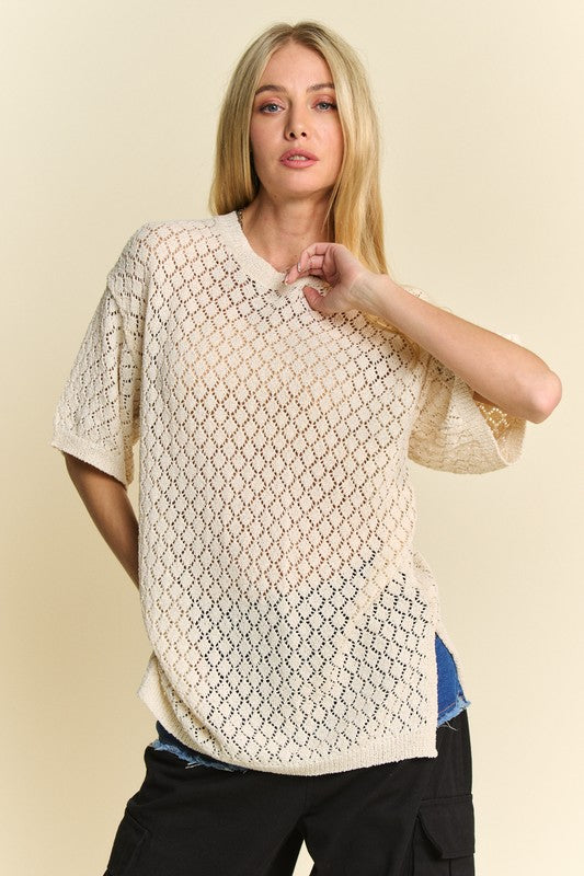 Hazel Blues® |  Davi & Dani Side Slit Openwork Round Neck Half Sleeve Knit Cover Up