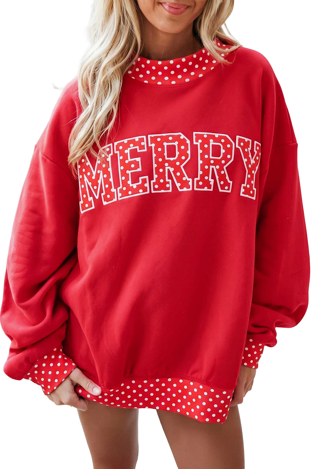 Georgia Rae Polka-Dot Mock-Neck Sweatshirt — Tomato Red