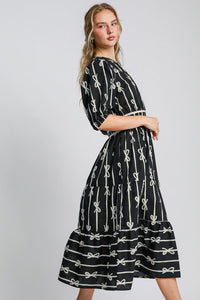 Hazel Blues® |  Umgee Bow Tie Print Notched Contrast Velvet Trim Midi Dress