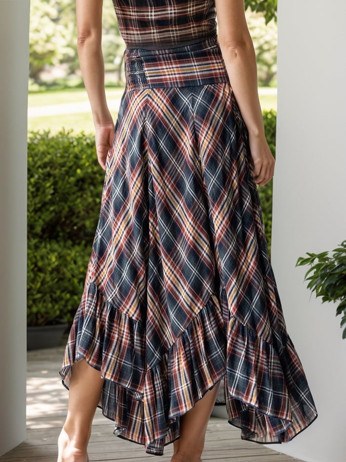 Hazel Blues® |  Plaid Asymmetrical Ruffle Hem Skirt