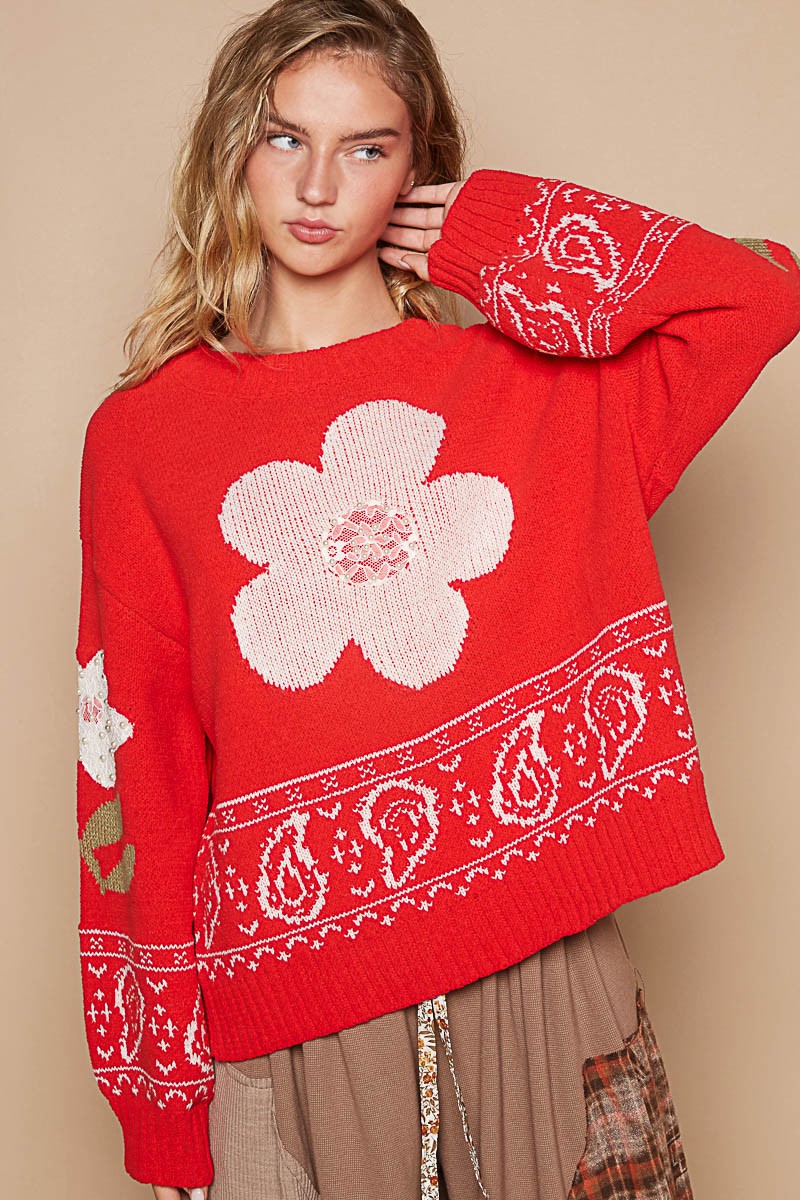 Hazel Blues® |  POL Flower Lace Patch Long Sleeve Sweater