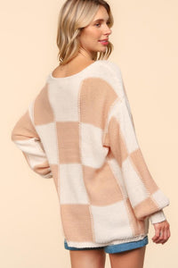 Hazel Blues® |  Haptics Checkered Round Neck Drop Shoulder Sweater