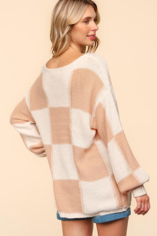 Hazel Blues® |  Haptics Checkered Round Neck Drop Shoulder Sweater