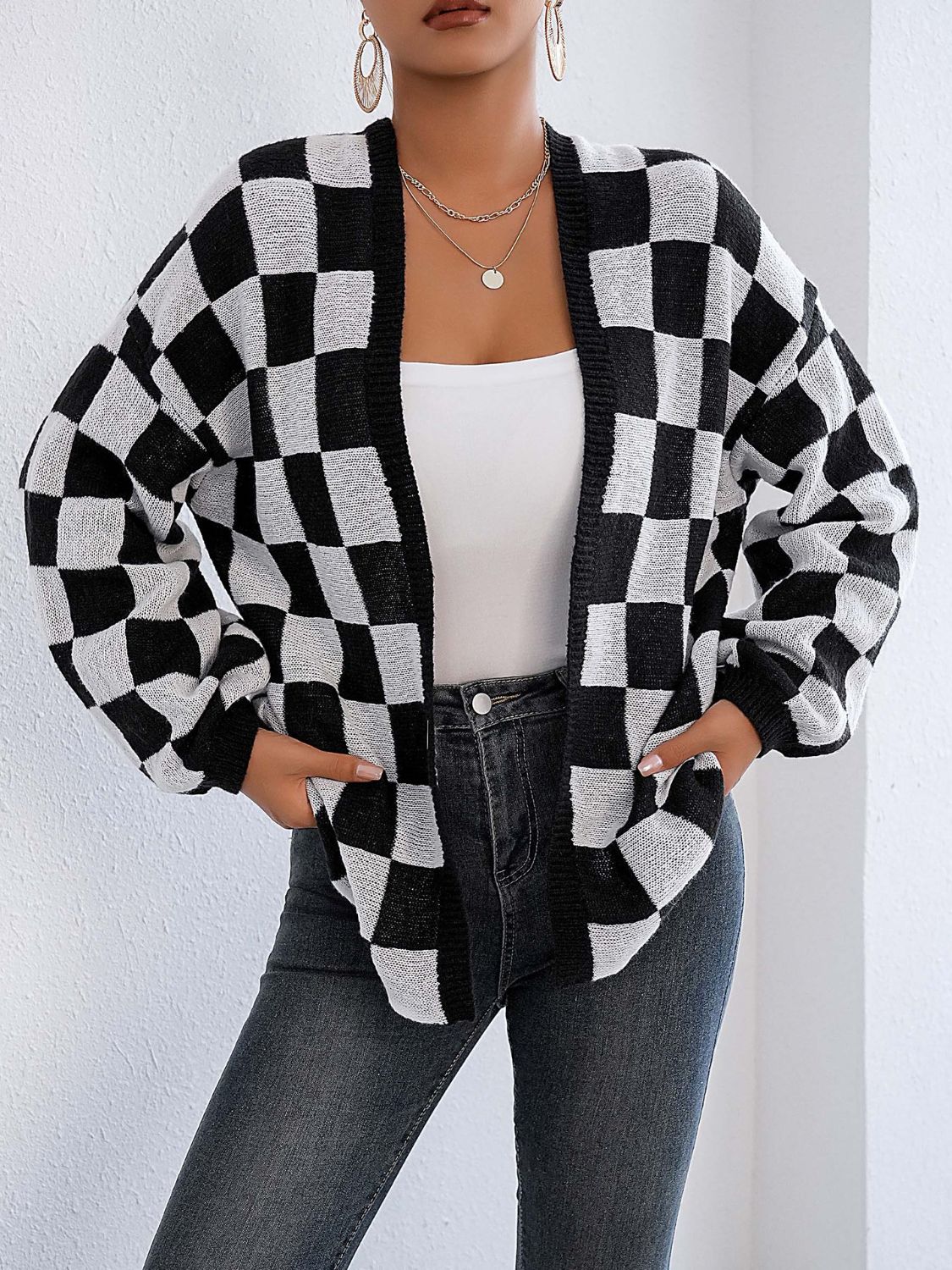 Hazel Blues® |  Checkered Open Front Long Sleeve Cardigan