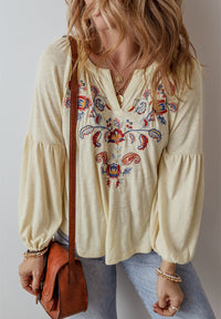 Hazel Blues® |  Embroidered Notched Long Sleeve Blouse