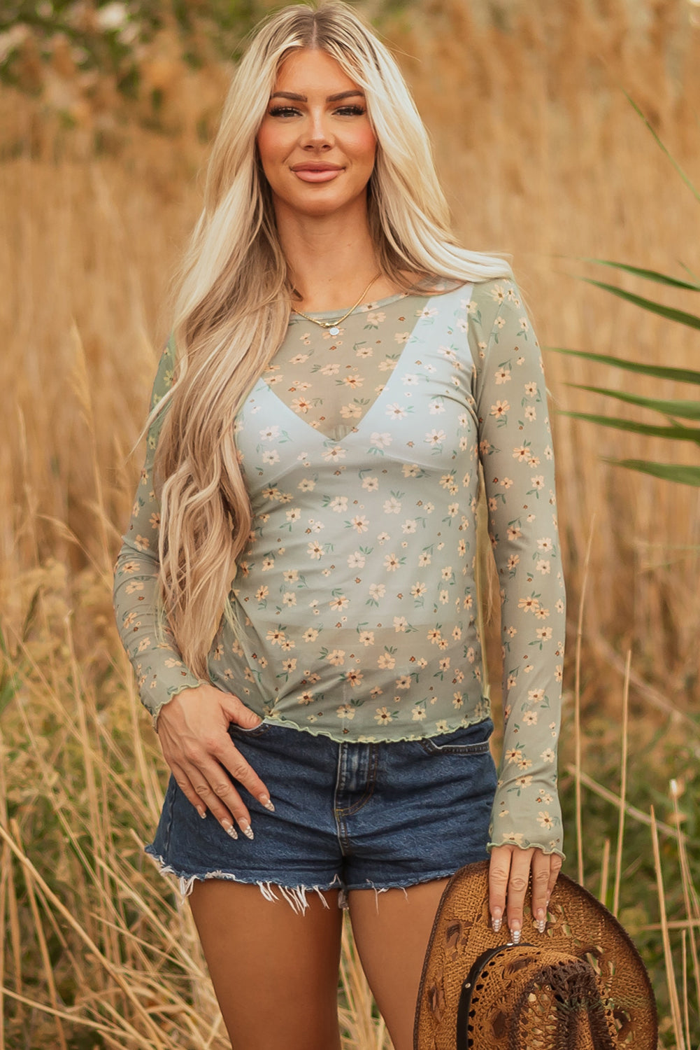 Hazel Blues® |  Laurel Green Vintage Floral Print Southern Style Mesh Long Sleeve Top