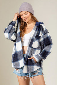 Hazel Blues® |  Drawstring Plaid Dropped Shoulder Hooded Shacket