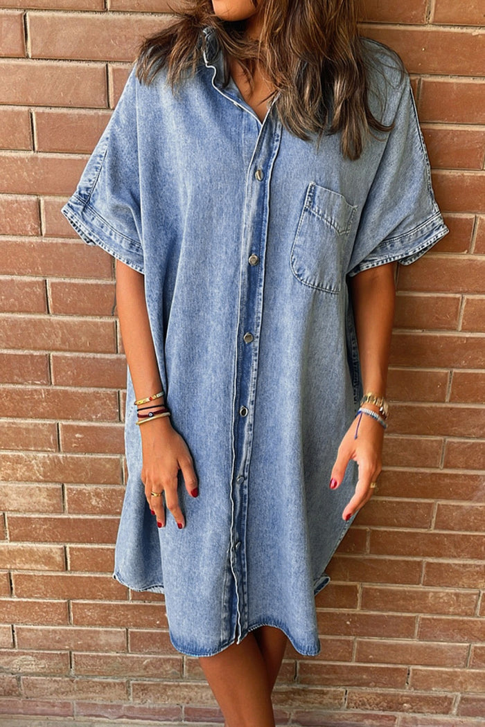 Hazel Blues® |  Pocketed Button Up Half Sleeve Denim Dress