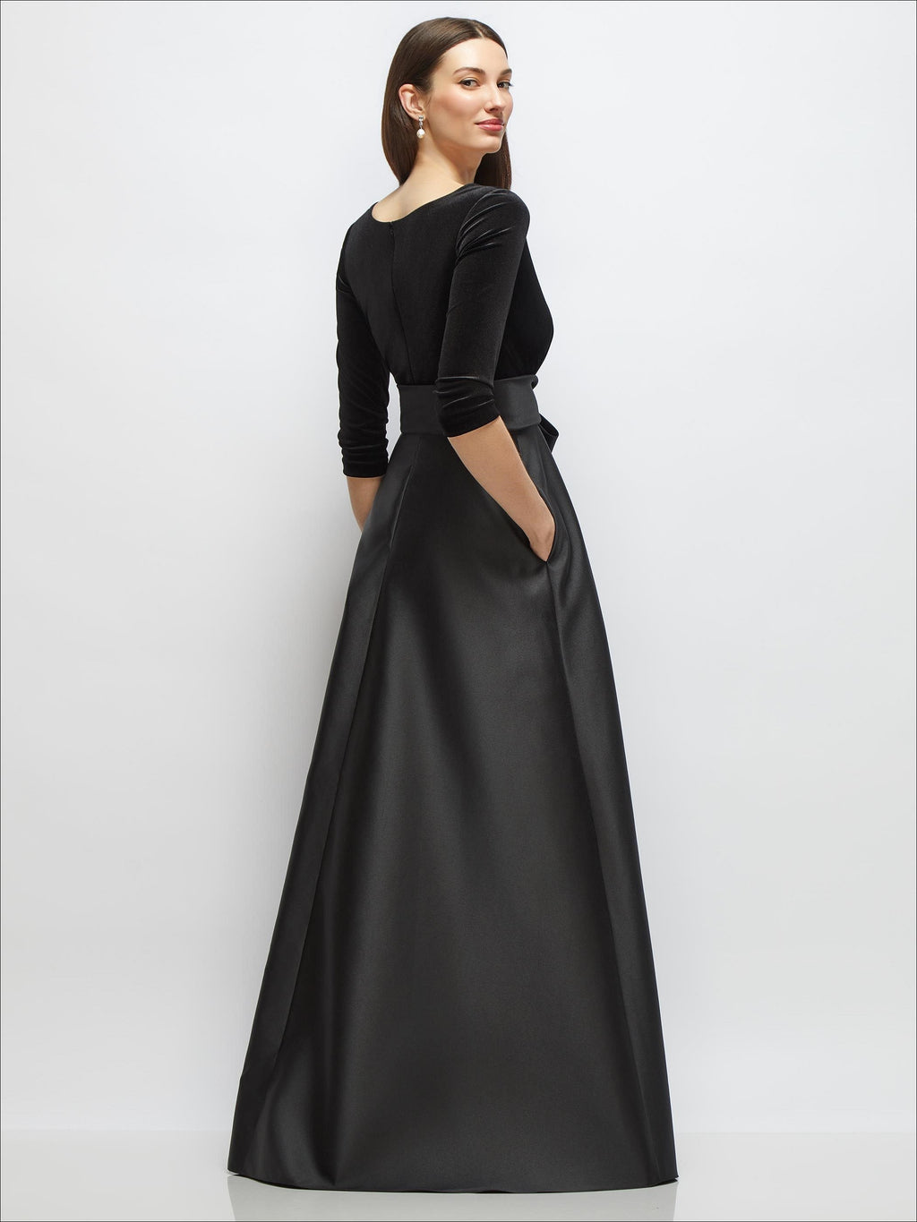 3/4 Sleeve Wrap Bodice Full Skirt Black Velvet and Satin Dress with Sash