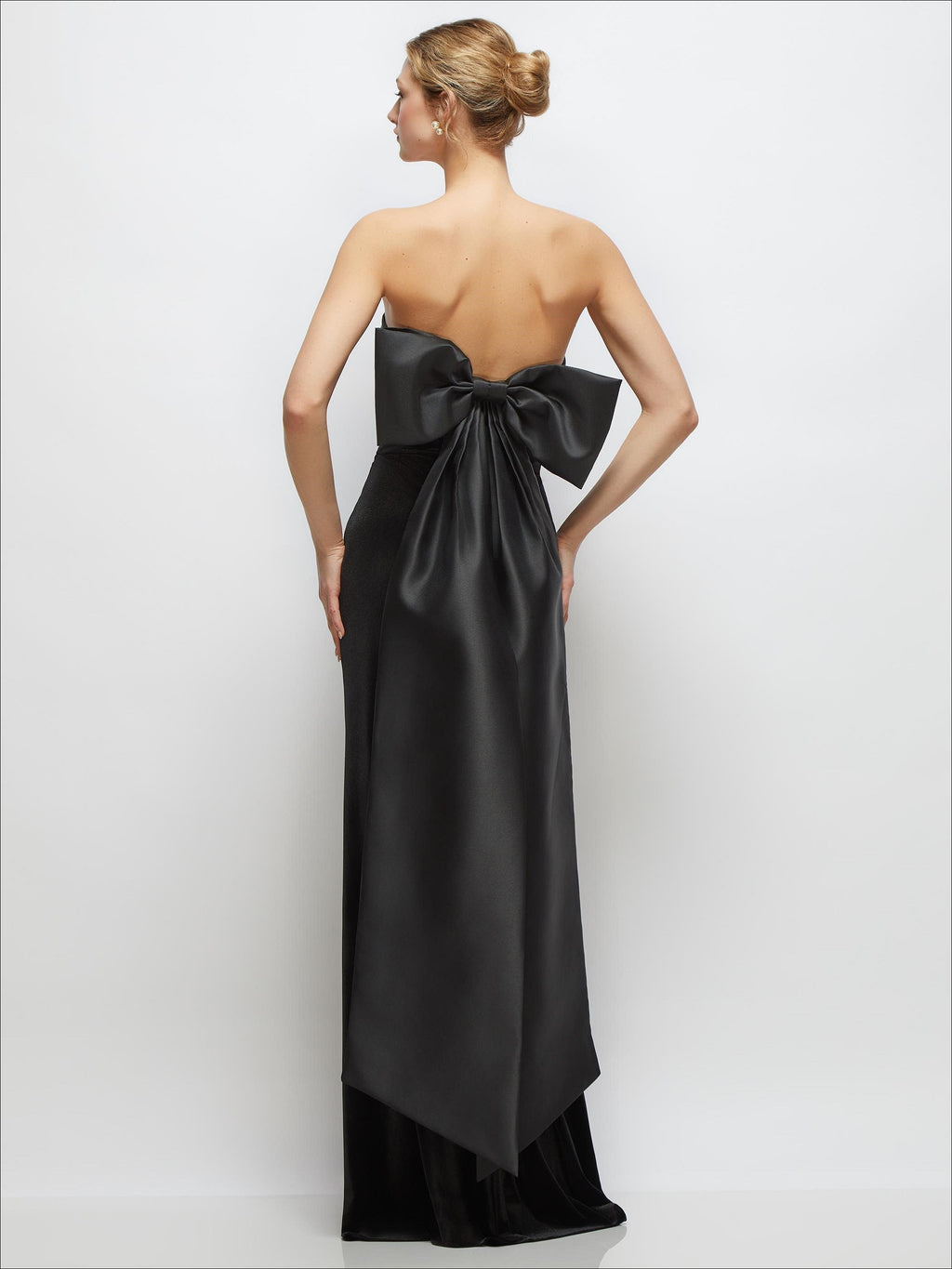 Black Velvet Maxi Dress with Strapless Satin Cuff & Long Bow at Back