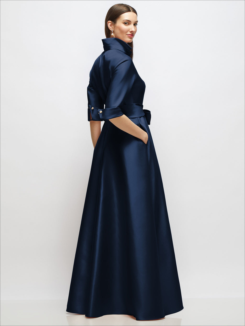 3/4 Sleeve Satin Shirt Dress Gown with Sash and Jeweled Buttons