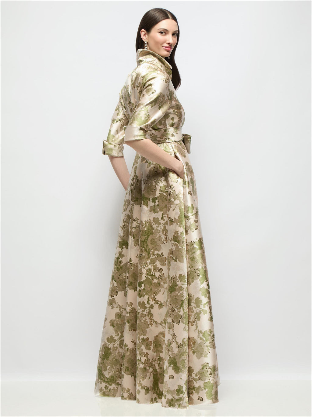 Abstract Floral Jacquard Shirt Dress Gown with Sash & Jeweled Buttons