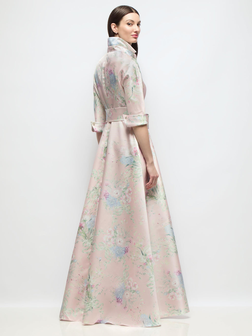 3/4 Sleeve Esme Floral Satin Shirt Dress Gown with Sash & Jeweled Buttons