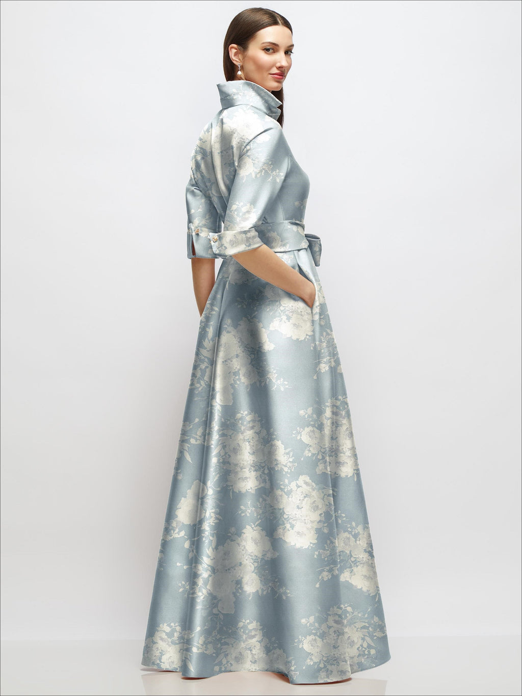 3/4 Sleeve Floral Satin Shirt Dress Gown with Sash and Jeweled Buttons