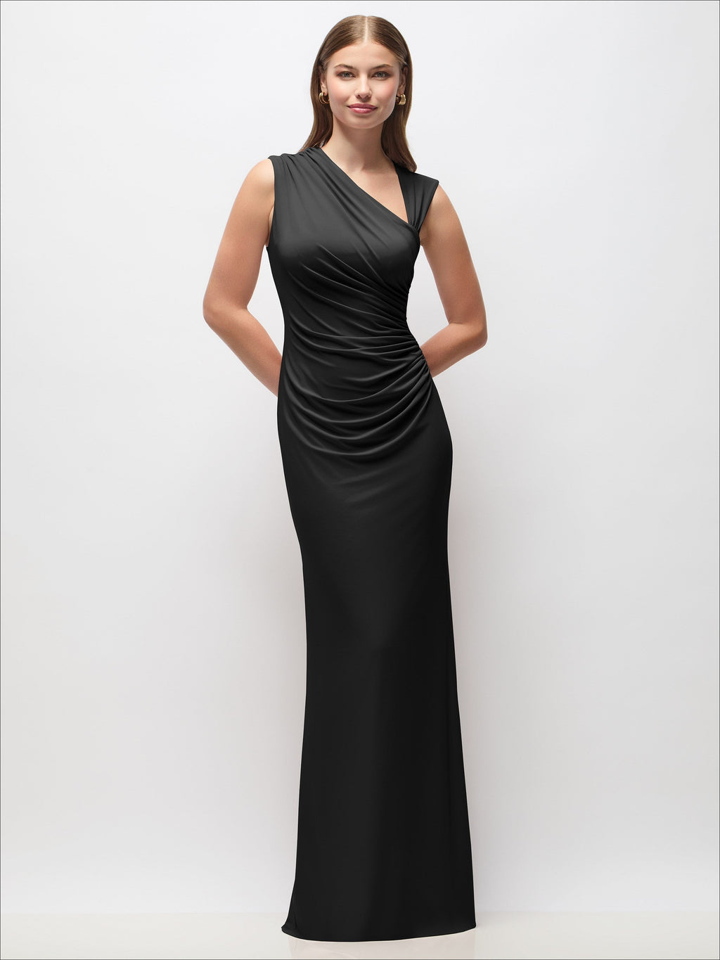 Asymmetrical Cap Sleeve Matte Jersey Column Maxi Dress with Fanned Ruching