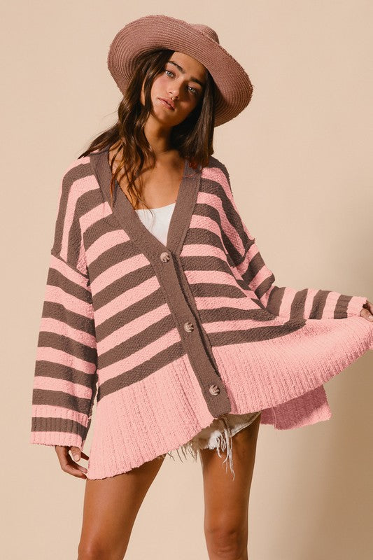 Hazel Blues® |  BiBi Slit Striped V-Neck Button Up Cardigan