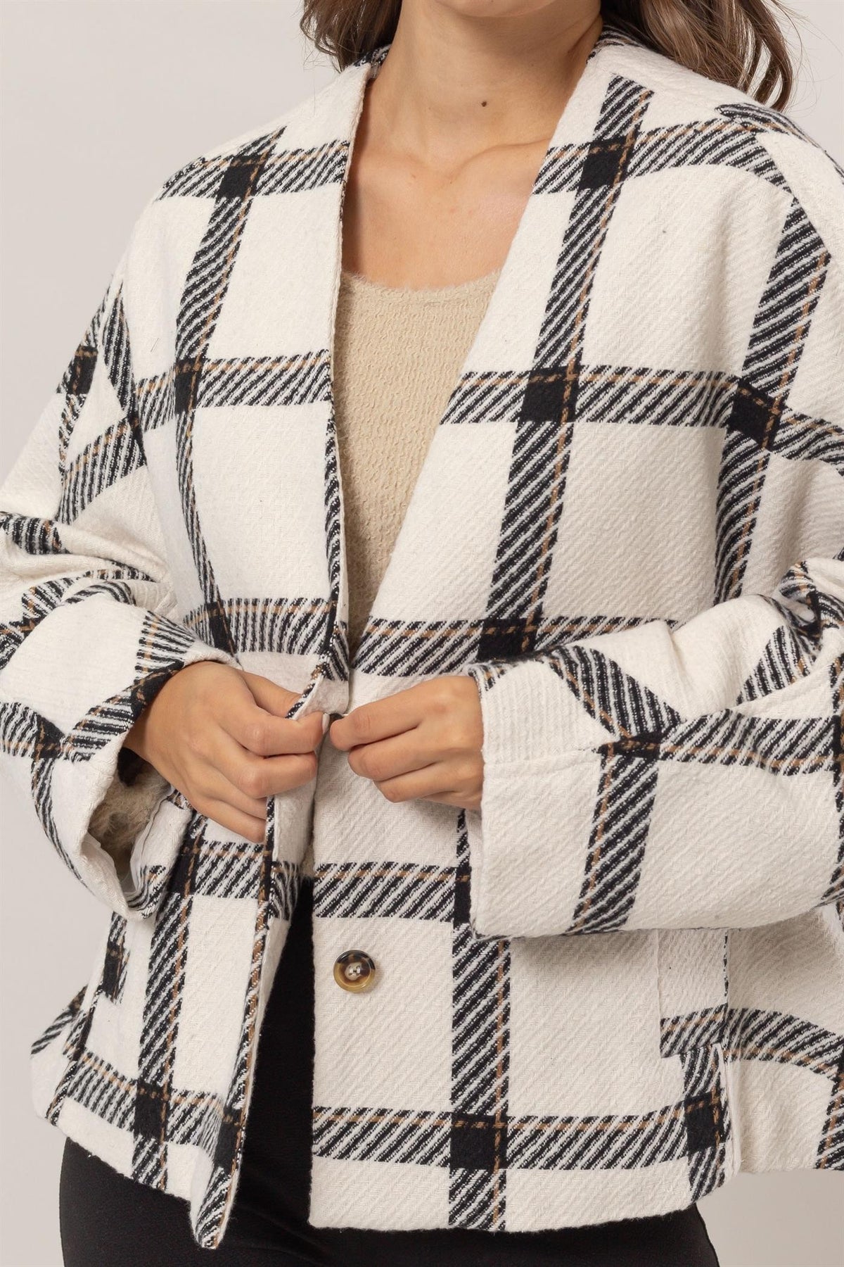 Hazel Blues® |  HYFVE Plaid Long Sleeve Jacket with Side Slit Pockets