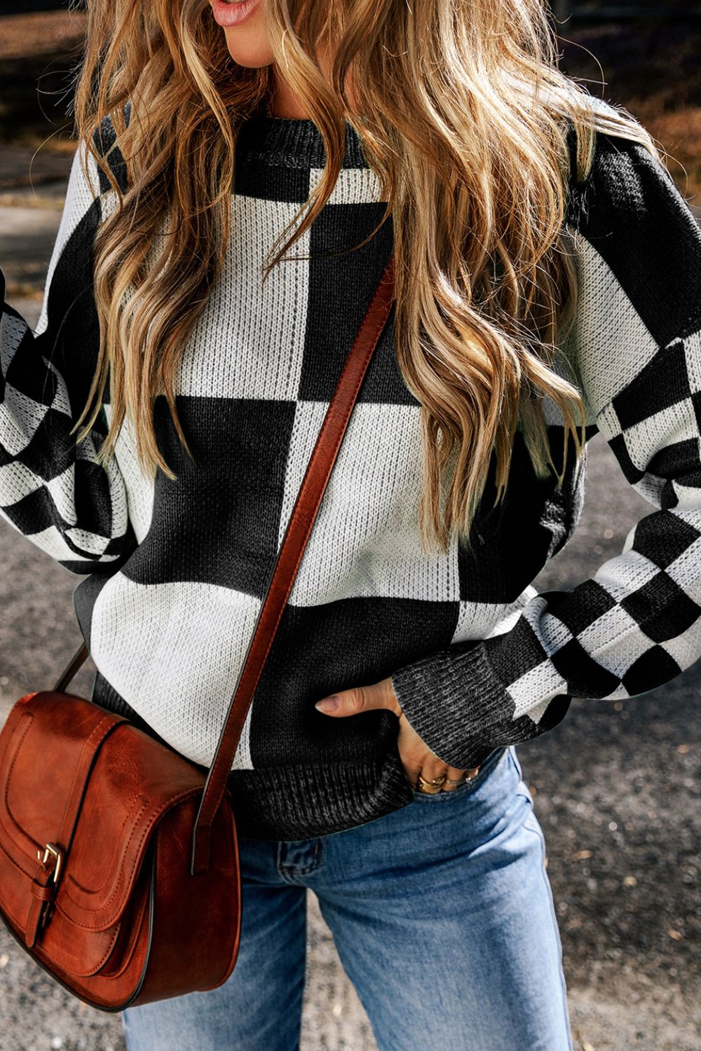 Hazel Blues® |  Checkered Round Neck Drop Shoulder Sweater