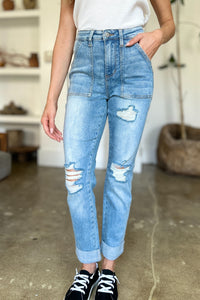 Hazel Blues® |  Judy Blue Distressed Straight Jeans with Patch Pockets