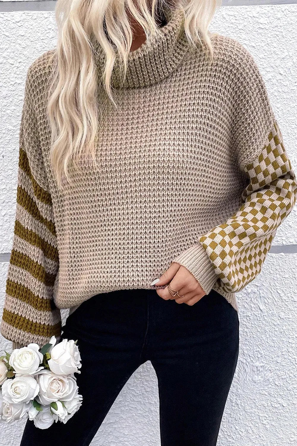 Hazel Blues® |  Checkered Striped Turtleneck Long Sleeve Sweater